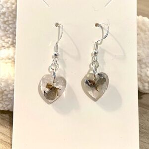 Clear Heart Dangle Earrings with Encased Dried Flowers - Silver Hooks
